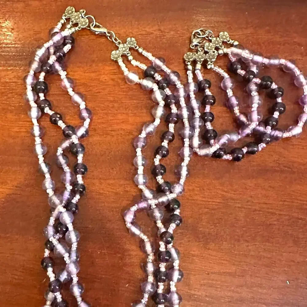 Purple Glass Beaded Necklace Bracelet Jewelry Set Boho Bohemian Beads